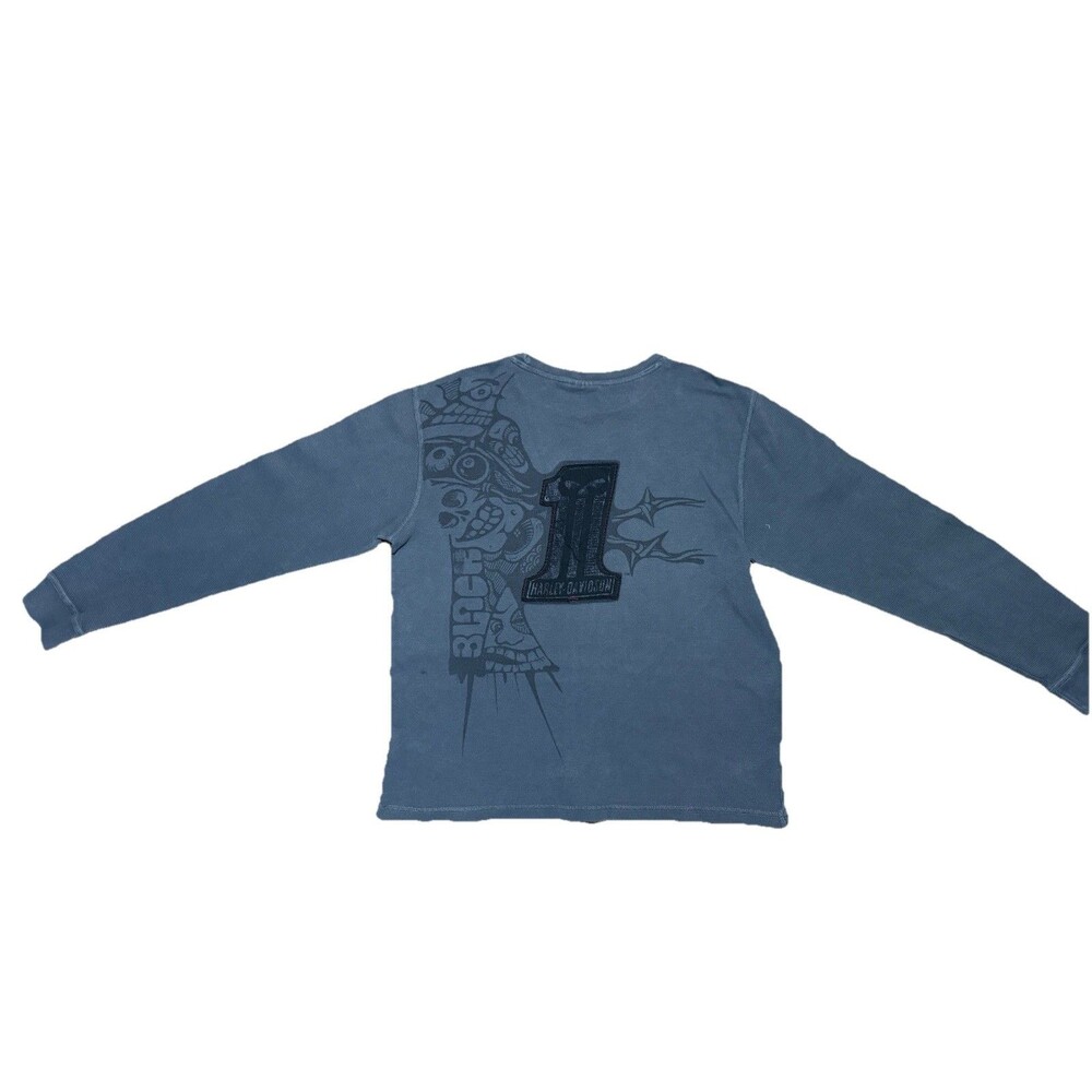 Harley-Davidson #1 Waffle Knit Thermal Shirt Grey HDMC Skull Graphic Mens Large